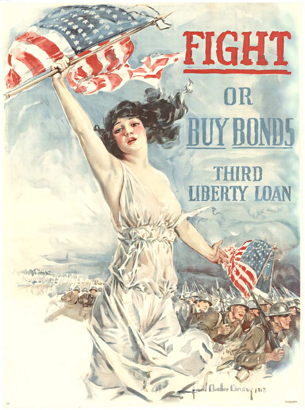 Original. Linen backed. Lithograpgh. FIGHT OR BUY BONDS. THIRD LIBERTY LOAN. <br>ARTIST: Howard Chandler Christy. <br>Linen backed, larger size format for this poster. <br> <br>One of the most famous and powerful WW1 propaganda images, this fla