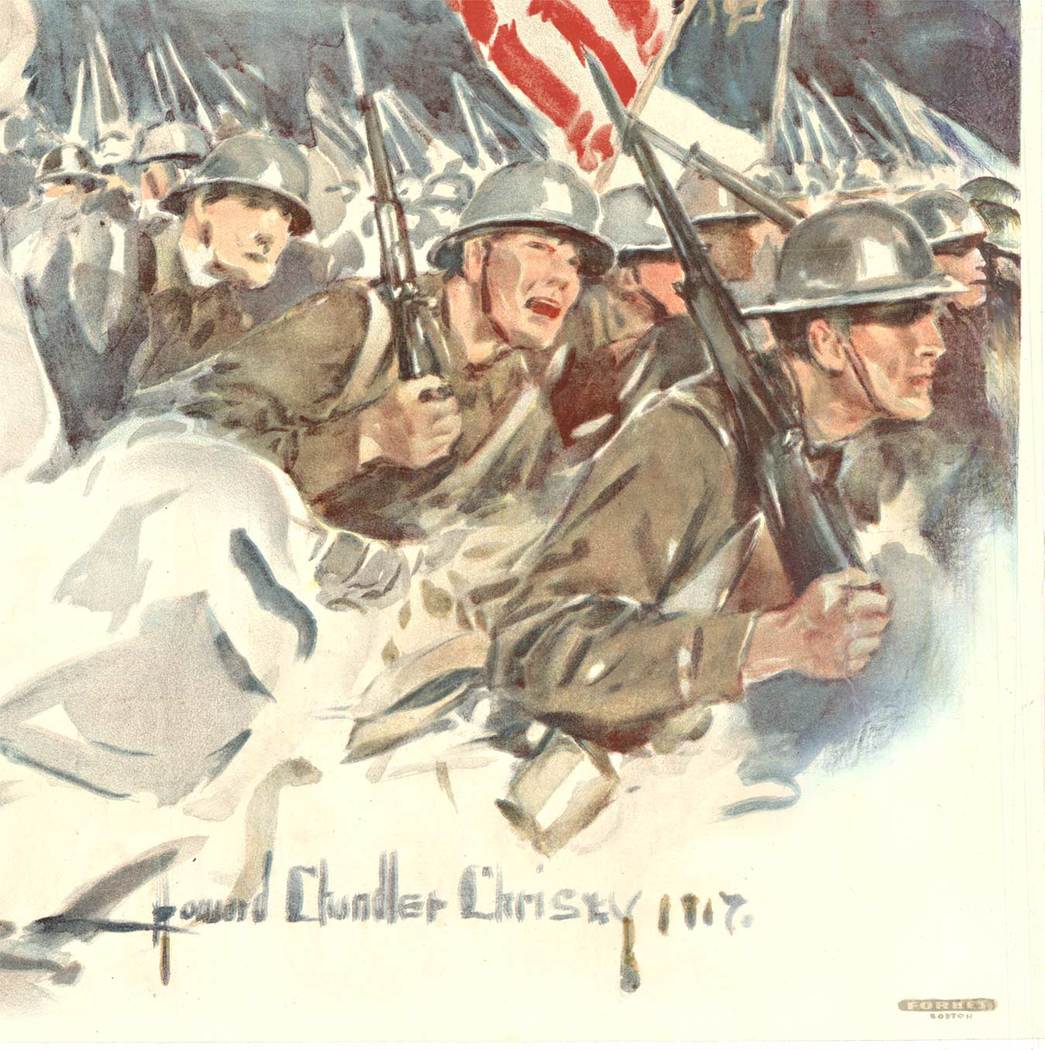 Original. Linen backed. Lithograpgh. FIGHT OR BUY BONDS. THIRD LIBERTY LOAN. <br>ARTIST: Howard Chandler Christy. <br>Linen backed, larger size format for this poster. <br> <br>One of the most famous and powerful WW1 propaganda images, this fla