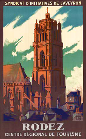 Gothic church, brick colored stonework, French poster, travel poster,