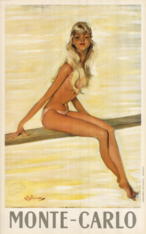 girl sitting on a board wearing very little, suntanned, Monte-Carlo, Monaco travel poster, linen backed, fine condition.