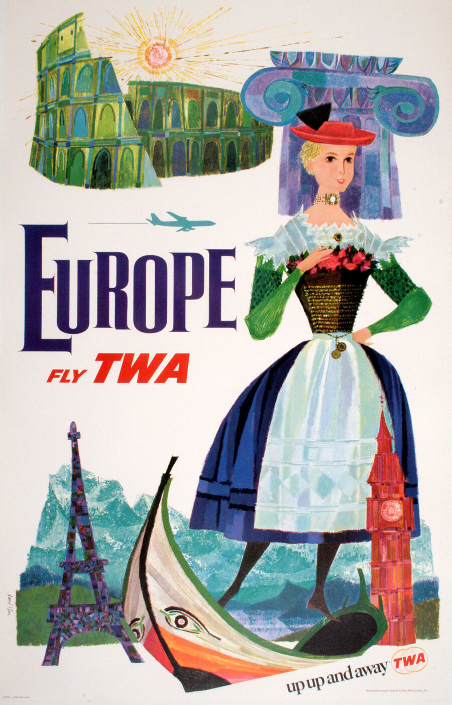 Original TWA Linen backed travel poster. Great condition. Fly Europe with TWA Jets. The image features famous European sites such as the Eifel Tower; the Roman Coliseum, Swiss and Italian Alps, Greek columns, and Viking boats. <br> <br>This Europe post