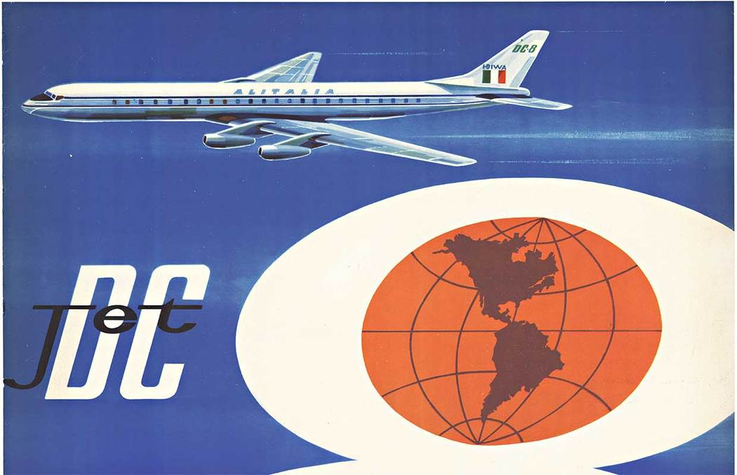 jets flying for Alitalia, two globes, modern art, linen backed, fine condition original