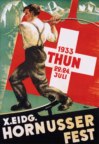 FRAMED original Swiss poster: HORNUSSER FEST; Thun, Switzerland; 1933. Art size: 26" x 39". Original stone lithograph by th artist Claire. Framed size: 40" x 52.5". Archival linen backed antique Swiss sports and travel poster. Note framed po