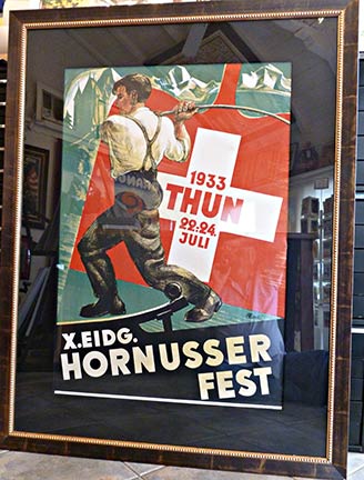 FRAMED original Swiss poster: HORNUSSER FEST; Thun, Switzerland; 1933. Art size: 26" x 39". Original stone lithograph by th artist Claire. Framed size: 40" x 52.5". Archival linen backed antique Swiss sports and travel poster. Note framed po