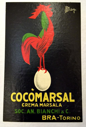 rooster, egg, black background, Italian, liquor poster