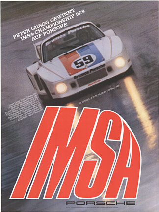 Original Porsche racing poster. IMSA. Peter Gregg Gewinnt (won) ISMA-Championship 1979 auf Porsche. Porsche 935. Photo: Upitis.