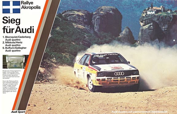 Original Audi rallye Akropolis, Sieg fur Audi original racing poster. Horizontal format. <br>The Acropolis Rally of Greece is a rally competition, part of the World Rally Championship schedule. The rally is held on very dusty, rough and rocky mountain r
