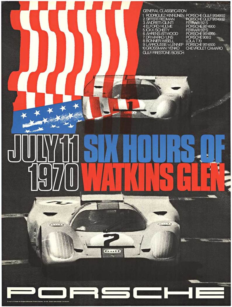 Original factory issue Porsche racing poster: Six Hours of Watkins Glen July 11, 1970 Porsche. <br>Ref. P.57; Porsche die Rennplakate. <br>Photo by Reichert.