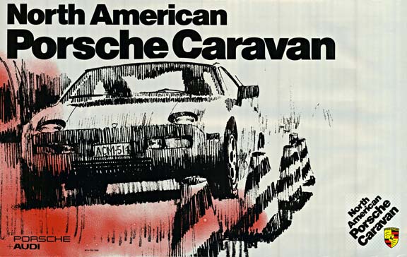 Rare, Original Porsche factory poster "North American Porsche Caravan" For Porsche and Audi. Horizontal format where the poster is drawn line art versus the photographs of the race cars in their factory posters.