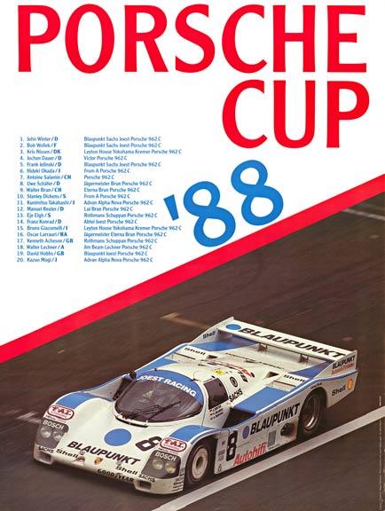  <br>Original Porsche factory racing poster Porsche Cup ' 88. <br>"Porsche Die Rennplakatez', p. 130 <br> <br>Size: 30 x 40" <br>1980 <br> <br>#Porsche #porscheposter #porscheart #originalposter #PorscheFactoryPoster #racingposter