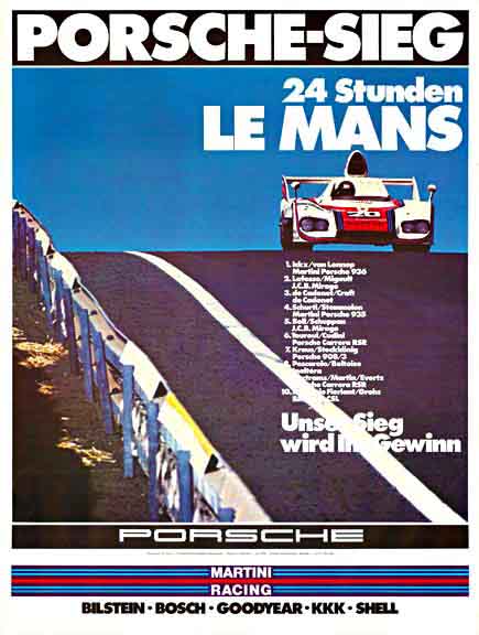 Original factory issue vintage Porsche racing poster. Porsche Sieg 24 Stunden Le Mans <br>"Porsche Die Rennplakatez", p. 83 <br>Martini Racing. Photo by Henneka.