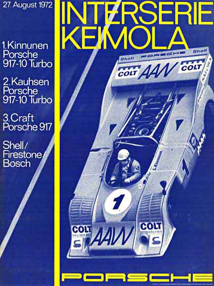 Original factory issued Porsche racing poster. <br>Interserie Keimola Porsche <br>Ref. P. 66, Porscshe die Rennplakate (1988 edition) <br>1 Kinnunen Porsche 917-10 turbo <br> <br>#porsche #originalposter #racingposter #porscheposter #porschefactoryposter 