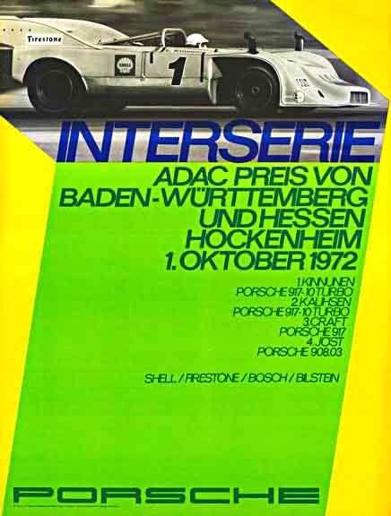 Original factory issue Porsche racing poster. <br>Interserie ADAC Preis von Baden - Wurttemberg Und Hessen Hockenheim <br>Ref. P. 66; Porsche die Rennplakate (1988 edition). REICHERT (photo) - ATELIER STRENGER (design).