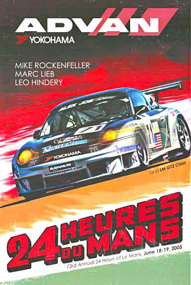 Original ADVAN Yokohma (tires) 24 Heures du Mans 2005 poster. The image featues the Porsche 911 GTE RSR. <br>Mike Rockenfeller; Marc Liebel Leo Hindery. 73rd Annual 24 Hours of Le Mans. June 18 - 19, 2005