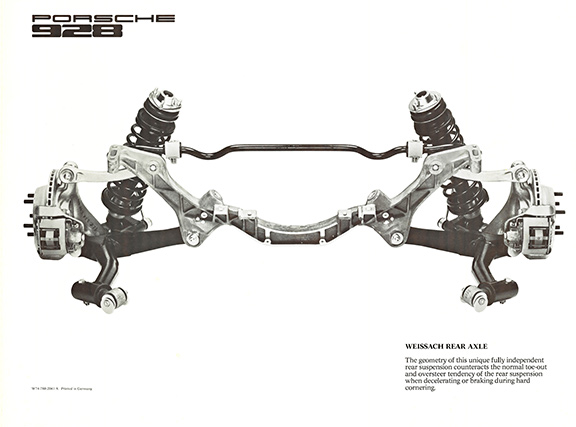 Porsche 928 Weissach Rear Axle <br>Original factory issue Porsche 928 suspension system poster. This poster is not linen backed and show some foxing on the poster.