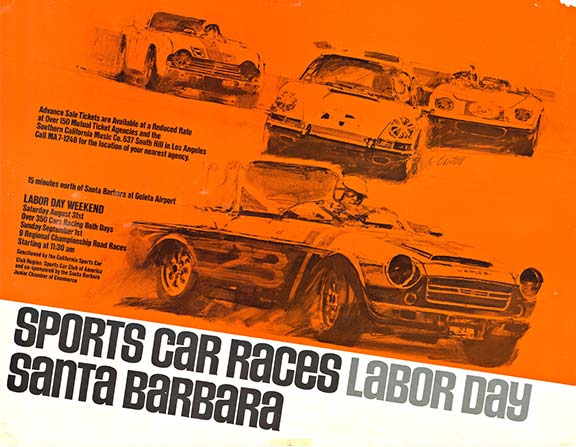 Original horizontal: SPORTS CAR RACES LABOR DAY SANTA BARBARA (California) auto racing poster. Paper, not linen backed. The race was held at the Santa Barbara airport.