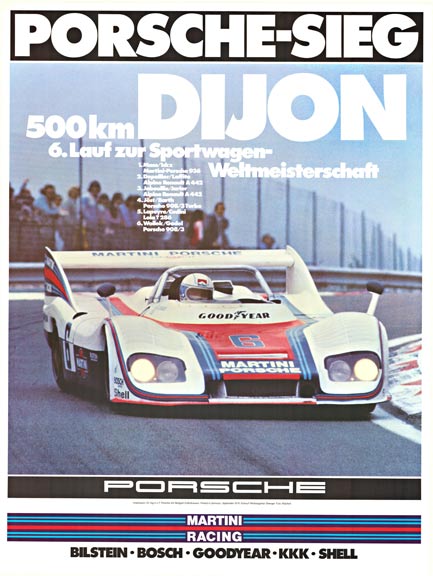 Original Porsche factory poster: <br> <br>Porsche-Sieg 500 Km Dijon 6. Lauf zur Sportwagen <br>photo by Reichert <br>Artist: Erich Strenger <br>Size 30 x 40" <br>1976 <br> <br>#Porsche #porscheposter #porscheart #originalposter #PorscheFactoryPoster #rac