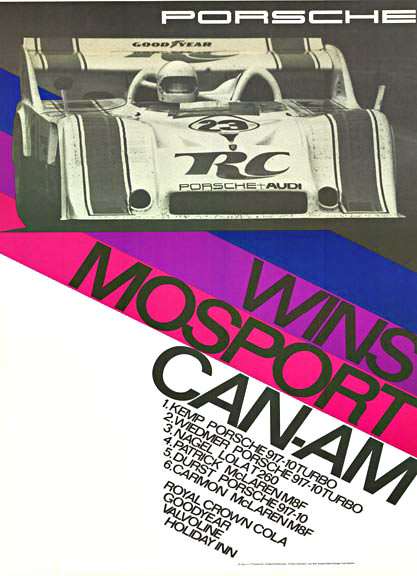 Porsche wins Mosport CAN-AM; artist Erich Strenger; size: 30" x 40"; 1973. Original factory issue Porsche poster. <br> <br>Original factory issue Porsche racing poster. Porsche wins MOSPORT CAN - AM <br>1. Kemp Porsche 917-10 Turbo. <br>Ref. P. 73; 