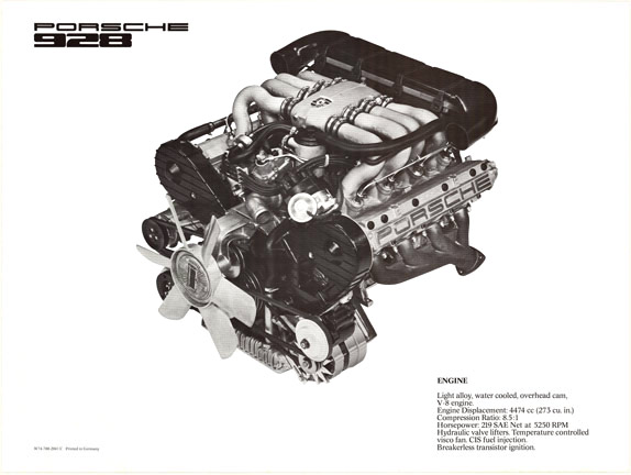 Original Porsche factory poster: <br> <br>There was no doubting the efficiency of the 928 engine. It was not, as some thought, an adaptation of the contemporary 4.5-liter Daimler-Benz V-8. Displacement was close enough - 4,474 cubic centimeters versus 4,5