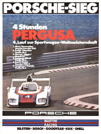 Porsche Sieg 4 Stunden; artist Erich Strenger, size 30" x 40"; 1967 original factory issued poster. Note that there is a small missing piece of paper on one corner. <br> <br>Porsche factory poster circa 1976 of the 4 Hours Pergusa Mass winCoppa Florio E