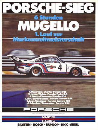 Original factory issue Porsche racing poster. Porsche-Sieg 6 Stunden Mugello (Italy) It celebrates the team’s victory at Mugello, Italy, in the Porsche 935 Martini at the hands of Jacky Ickx & Jochen Mass <br>P. 84; Porsche die Rennplakate (1988 edition)