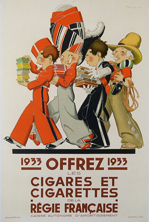 Cigarettes de la Regie Francaise, Stone Lithograph, Rene Vincent, 1933, Celtiqus, Original Vintage Poster, Gitanes, Balto, Men Walking in a Line, Cigarettes