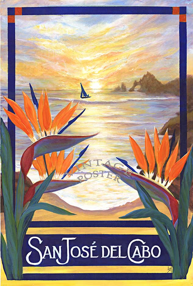 Original San Jose Del Cabo travel poster. Created by artist Loren Shaw Hellige. San Jose del Cabo is one of the Sister Cities of Laguna Beach, California. The watermark DOES NOT appear on your artwork. <br> <br>This original modern travel poster to