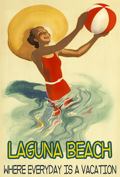 Laguna Beach Where every day is a Vacation resort poster. A design created for Laguna Beach ... This image has one of the 1930's bathing beautifies in the water with a red and white beach ball. The 17 x 22 is printed on 350 gm watercolor paper with long 