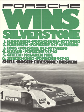 Original Porsche factory poster: "Porsche WINS SILVERSTONE." <br>1. Kinnunen - Porsche 917-10 Turbo <br>Photo: Reichert.