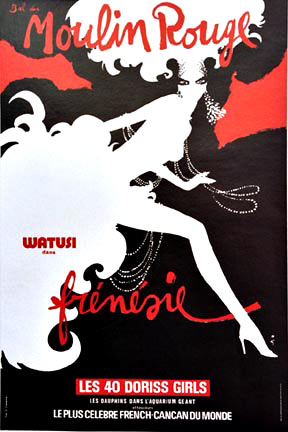 French poster, Rene Gruau, cabaret, cabaret dancer, black white red, Dorris Girls, theater, original poster, dancing