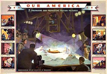 Our America Motion Pictures # 2<br>Original. Linen backed.   Excellent condition.  Lithograph. Linen backed. This is the second poster design for  Motion Pictures, in the Our America series. Pictured in eight petit windows, on either side of a grandious 