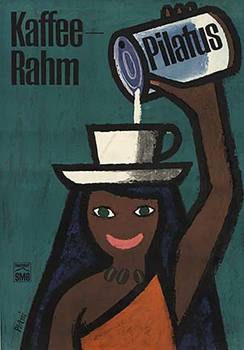 Swiss poster with German text, linen backed, mid century modern, Lady with a cup and saucer on her head as she pours coffee cream iinto the cupt