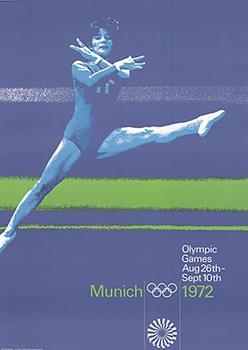 Munich Olympics 1972 - Gymnastics largest size 33.5" x 47". Archival liinen backed original Olympic sports poster. <br> <br>Large format, museum linen backed, Munich 1972 Olympic Games gymnastics. Blues and Greens. Bus stop over size original that