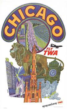 Original vintage travel poster: Chicago - Fly TWA. UP UP and Away Trans World Airline. Artist: David Klein. Size 25" x 40" Dated 1960's. This Chicago TWA poster is a rare original vintage Chicago travel poster. TWA Airlines to Chicago - A clas