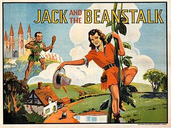 Original poster:   JACK AND THE BEANSTALK<br>Lithograph archival linen backed in fine condition, ready to frame.<br>Horizontal format fairy tail.<br>Printer:  Taylors, Printers,Wombell, Yorks.<br><br>Jack is looking down from the beanstalk to his hom
