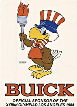 Linen backed poster with "Sam the Olympic Eagle" holding the Olympic torch for the 1984 XXIII rd Olympica Los Angles. The poster sponsored by Buick. Excelllent condition original L.A. Olympics poster. Created in 1980 for the 1984 World Olympics. 