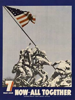 7th war loan, American flag, soldiers, Iwa Jima, original poster, WWII, linen
