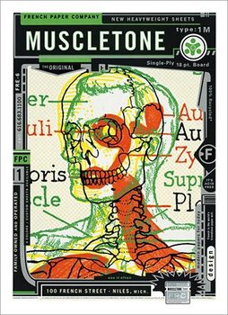 head of a skeleton, pop art, muscletone, french paper company original poster, fine condition.