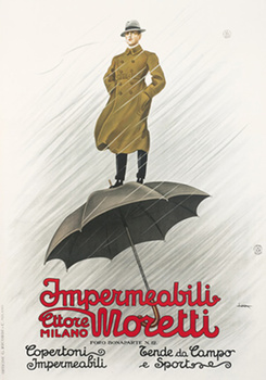 man in a rain coat standing on an umbrells, smoking a cigarette, umbrella, Italian writing, original poster, rain