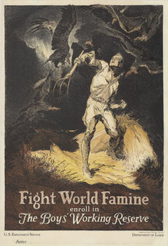 World War 1 original poster, linen backed, fine condition.  Man with a stick fending off vultures.