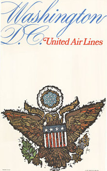 Original linen backed travel poster on United Air Lines to Washington D. C.   The image features the Presidental seal (the great seal) of the United States below the text.   Maybe this way you can visit the oval office from the privacy of your home!    Ex