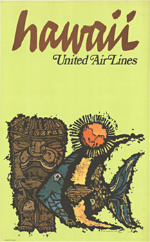Linen backed original Hawaii United Air Lines in excellent condition ready to frame. A tiki god rests behind a colorful angel fish, and a contemporary sun is shining on them. Depicted here some iconic images pertaining to Hawaii, a Tiki (Tiki refers 