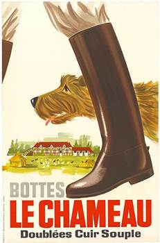 Original acid free archival linen backed lithograph 'BOTTES LE CHAMEAU". The simple image of just these worker's boots and the trusted family dog walking with him in the French country side. Le Chameau was founded in 1927. The company's mission was