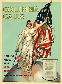 Columbia Calls - Enlist Now for U.S. Army. FRAMED, Original, linen backed 30 x 40 format. Painted by V. Aderente this famous image of Columbia carrying the American Flag forward into war. Draped in her white robe with the U.S. Flag flowing as she ma