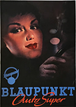 Original Blaupunk Auto Super vintage German radio poster.   The image features a woman at the steering wheel inside her car.    Professional archival linen backed and ready to frame.   The black area has been touched up but presents very well.   A rare po