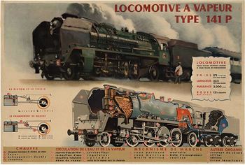 Original poster:  LOCOMOTIVE A VAPEUR.   Type 141 P. 
<br>Artist:  A. Bouvry and Albert Brenert   Horizontal railway poster that has been archival linen backed, ready to frame.   Very good condition.
<br>
<br>Albert Brenet was known for his railway and ra