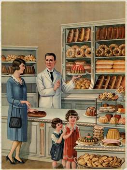 A man shows a cake to a woman customer, who is obviously more interested in his sausage.