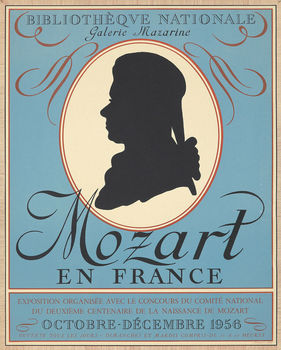 Original vintage French poster:  MOZART EN FRANCE.<br>This is an exhibition poster for the Bibliotheque Nationale, Galerie Mazarine in Paris in 1956.   This original lithograph was printed by Mourlot.   It is linen backed in in good shape, ready to frame