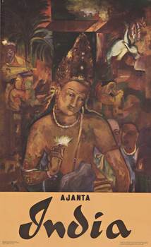 The Ajanta Caves, travel India, original poster, Bodhisattva Padmapani, excellent condition, linen backed authentic poster, printed 1959.  Poster art, posters for sale, original poster.