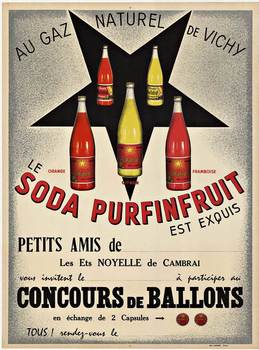 fruit waiter, french poster, antique psoter, soda bottles, ballon race,